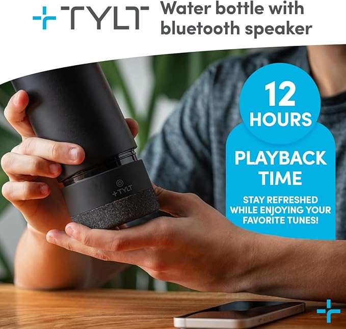 TYLT Smart Water Bottle with Bluetooth Speaker, Wireless Stainless Steel Insulated Travel Tumbler with Flip Straw, Rechargeable, Portable, Double Layered, 24oz (Black)