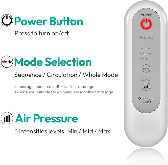 QUIINEAR Full Leg Massager, Foot, Calf & Thigh Massage Machine- 3 Intensities 3 Modes Air Compression Therapy Device Help for Elderly Pain Relief, Swelling, RLS, Edema, 2 Extensions for Bigger Calf