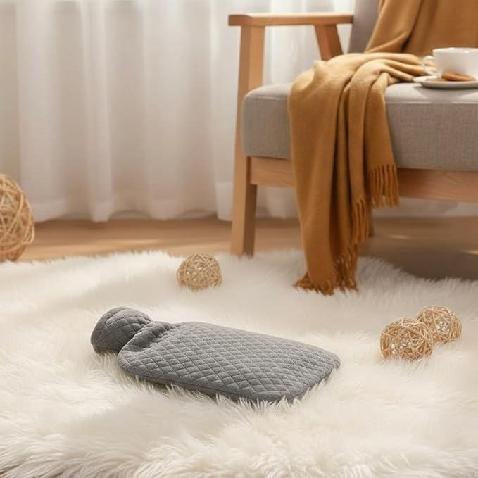 Fashy Hot Water Bottle with Gray Quilted Cotton Cover (67oz / 2L) – Made in Germany