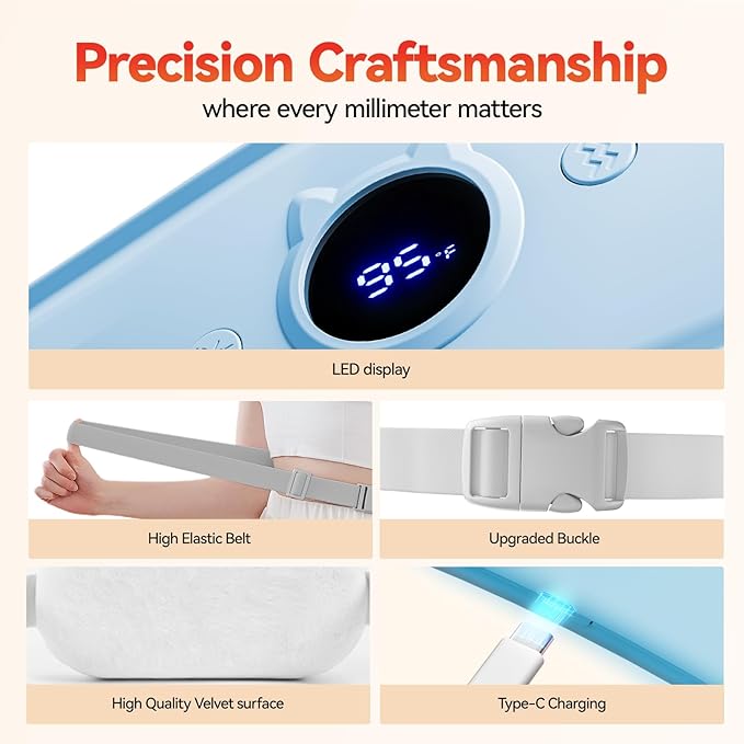 Portable Heating Pad for Period Cramps Relief Vibrating Menstrual Heating Belt for Women, Fast Heat with 7 Heat Levels and 7 Modes for Menstrual, Pain Relief for Back & Stomach-Blue
