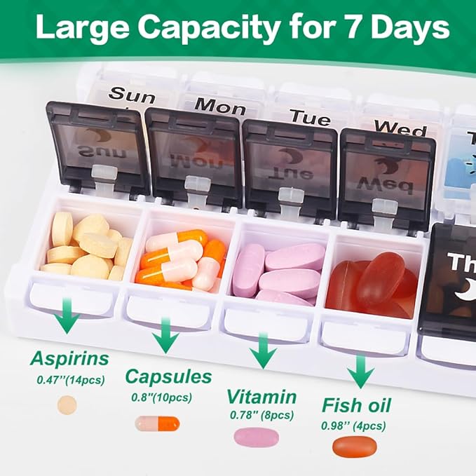 Shintop Pill Organizer 2 Times a Day, Easy Fill Weekly Pill Box Am Pm Push Button Pill Container 7 Day Medicine Organizer for Vitamins Supplements （Black&White）
