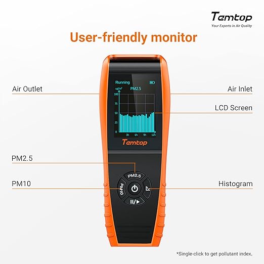 Temtop PM2.5 Monitor P600, Essential Air Particle Meter PM2.5 PM10 Air Quality Tester for Indoor/Outdoor Air Pollution Detection, Particle-Centric Detector w/Data Histogram Display