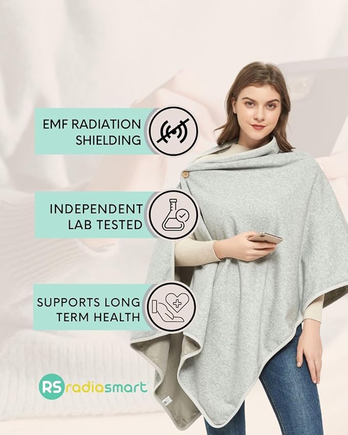 Radia Smart EMF Poncho Blanket, 5G, Wearable Faraday Blanket, RF Shielding, WiFi Blocker, EMF Clothing 28" x 72", Black/Grey
