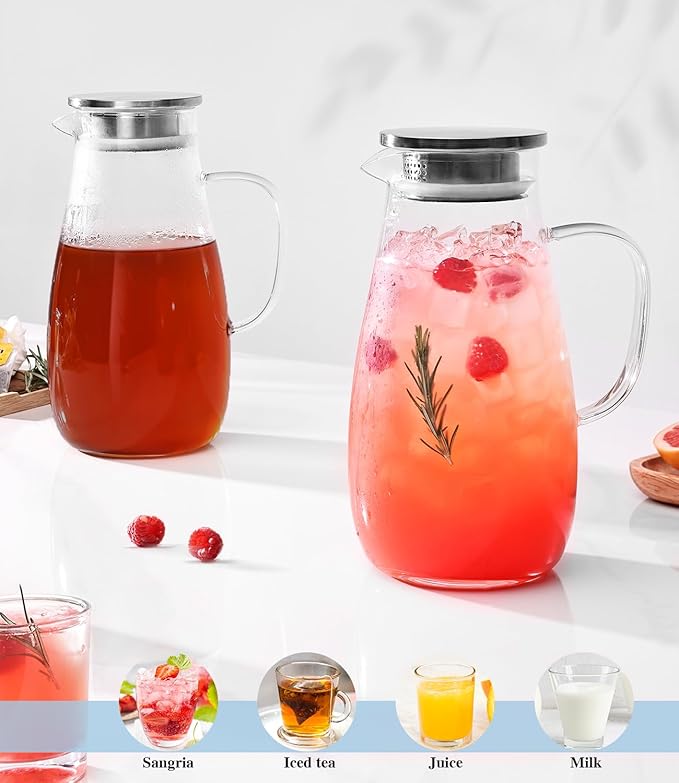 Glass Pitcher, Glass Water Pitcher with Lid and Handle for Fridge, 2 Quart Borosilicate Water Jug for Hot/Cold Drinks, Iced Tea, Juice and Coffee Beverage, Heat Resistant