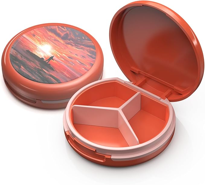 Serfeymi Small Pill Case for Purse, Unique Artistic Patterns Travel Pill Box with 3 Compartments, Portable Mini Pill Organizer for Pocket, Decorative Pill Container for Purse - Orange(Fishing)