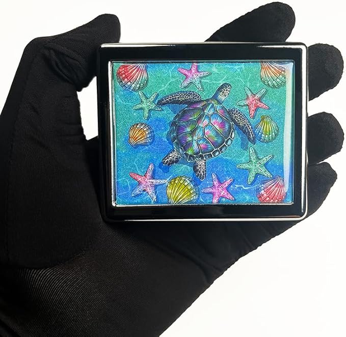 Turtle Seashells Starfish 7 Days Chromed Shiny Silver Pill Organizer with Mirror Inside Has 8 Separate Compartments Rectangle 7 Days Pill Box Pill Case
