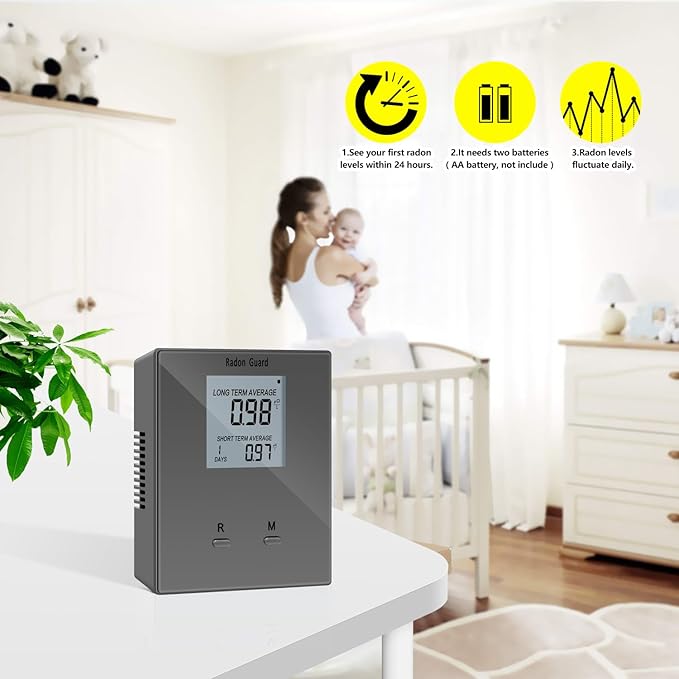 Home Radon Detector, Portable Radon Meter, Long and Short Term Home Radon Monitor, Battery-Powered, Prevent Excessive Radon Levels, Keep Your Health, Gray, Grey, BG-005
