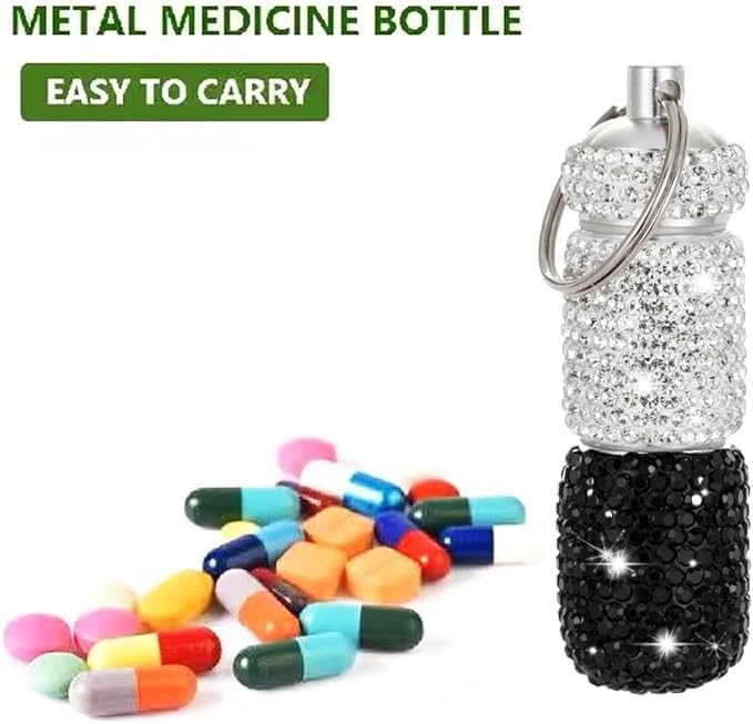 Bling Pill Case Portable Travel Pill Container Bottle Rhinestone Waterproof Small Pill Holder with Keychain Cute Mini Pill Storage Box (White Black)