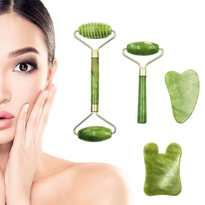 4-PCS Gua Sha Set, Skin Care Roller, Jade Roller Set, Face Stone Facial Roller Massage Tool for Face Eyes Neck Body, Smooth Wrinkles & Eye Puffiness(Green)