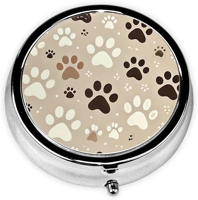 Metal Pill Organizer - 3-Compartment Mini Round Pill Case for Pocket & Purse, Portable Vitamin Holder, Easy-Open Design for Travel - Dog Paw