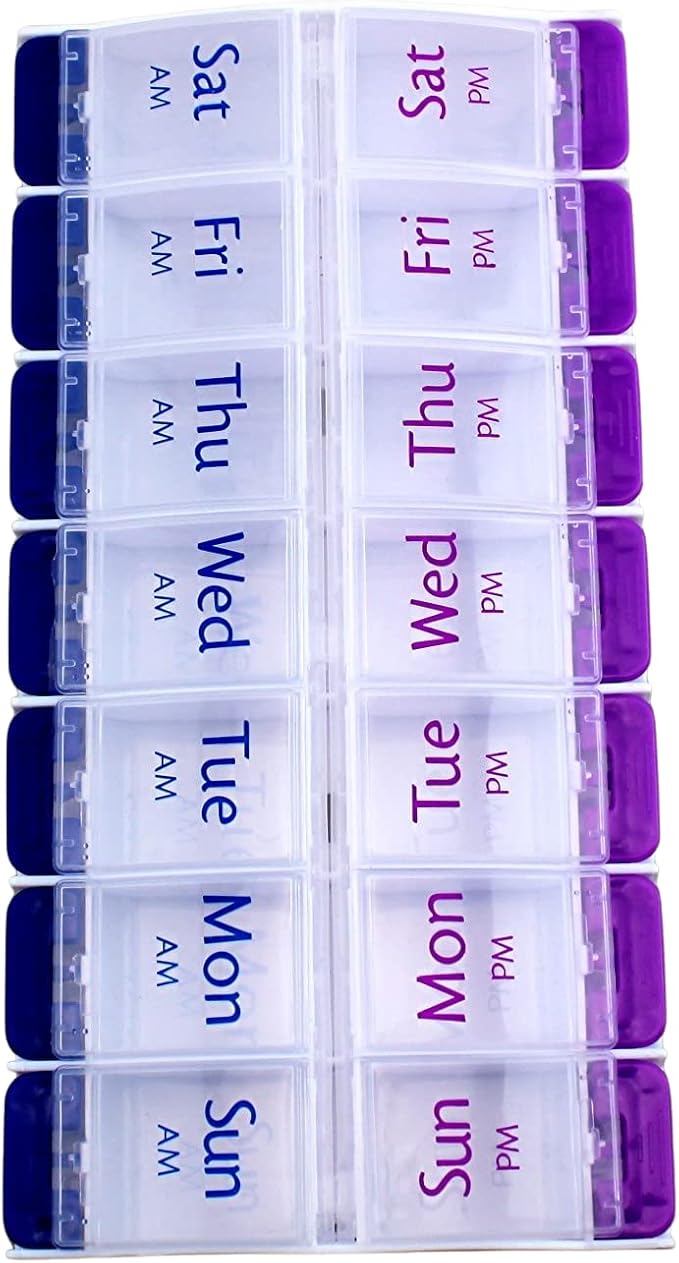 Jumbo 7 Day AM PM Pill Organizer – Weekly Medicine Box 2 Times Daily Vitamin Planner with Extra Large Compartments Easy Open Lids BPA Free
