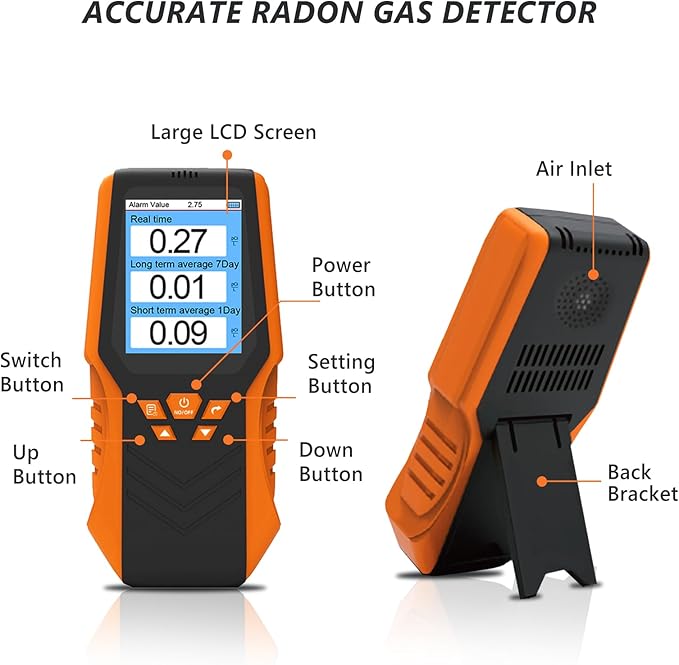 Portable Radon Detector for Home, Radon Tester with LCD Display, Short & Long Term Radon Monitoring, Real-time Monitoring, Bq/m3 & pCi/L Selectable for Office, Underground Garage, Cellar