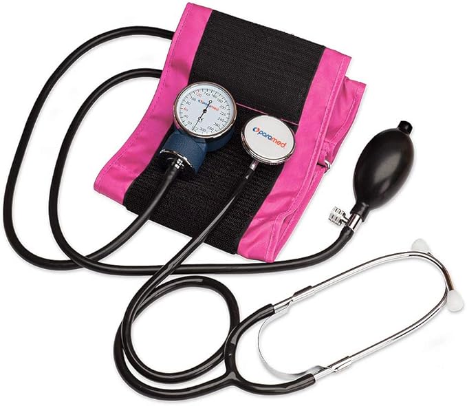 PARAMED Aneroid Sphygmomanometer with Stethoscope – Manual Blood Pressure Cuff with Universal Cuff 8.7-16.5" and D-Ring – Carrying Case in The kit – Pink