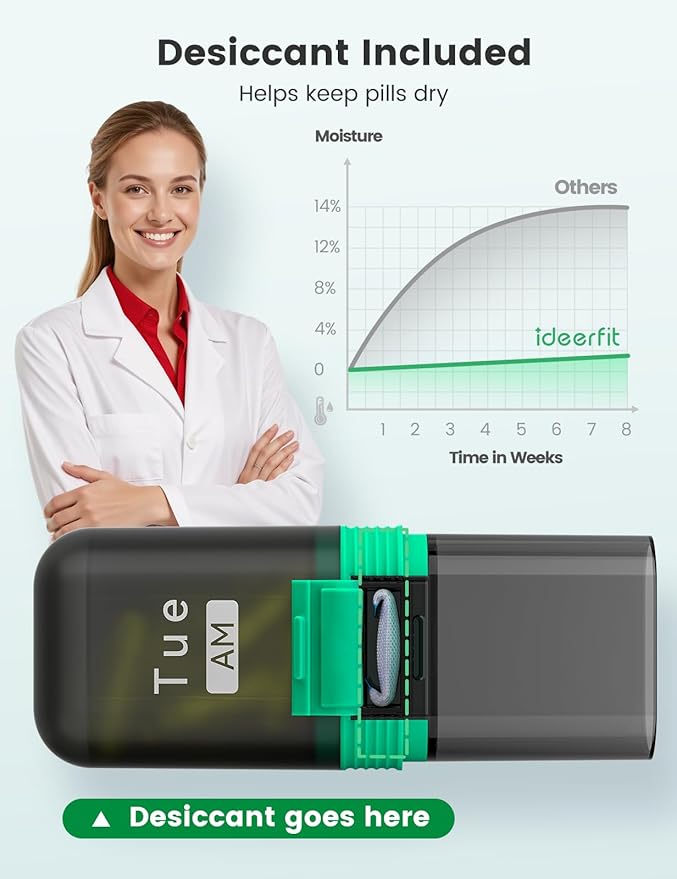 Weekly Pill Organizer 7 Day Two Times a Day, Rotatable Silicone Handle & 7 Detachable Daily Cases, Built-in Desiccant Moisture-Proof Travel Pill Box for Fish Oil, Vitamins & Supplements - Ideerfit