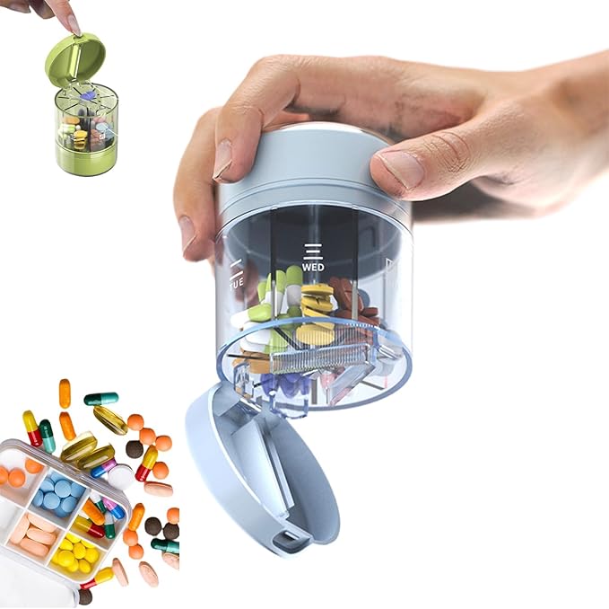 3-in-1 Travel Pill Organizer, Clutter Box Pill Organizer,Cute Pill Dispenser with 7 Large Compartments, Portable Pill Bottle Organizer with Wide Opening with Cutter (Blue)