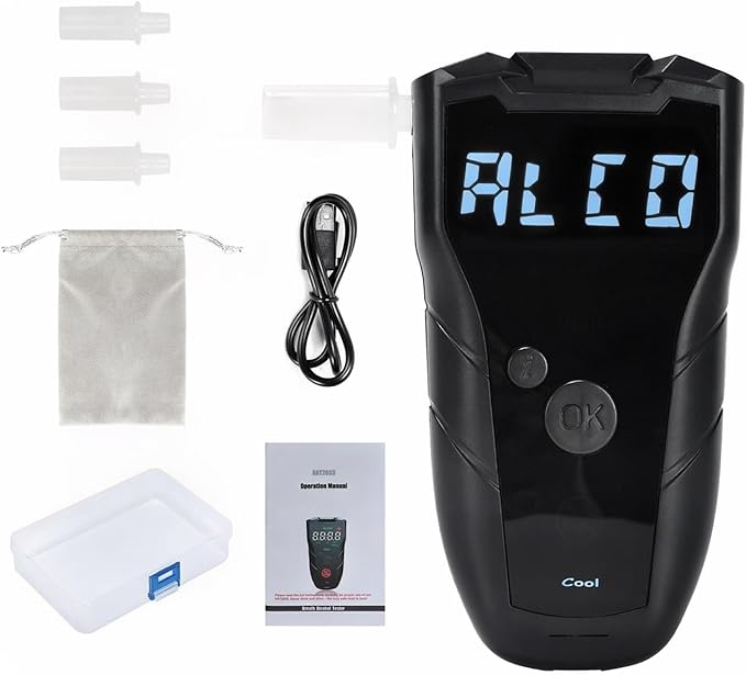Rechargeable Breathalyzer with Auto Flow detect & auto Cleaning Feature, 200 Memories and Big View Area Display Visible at Night
