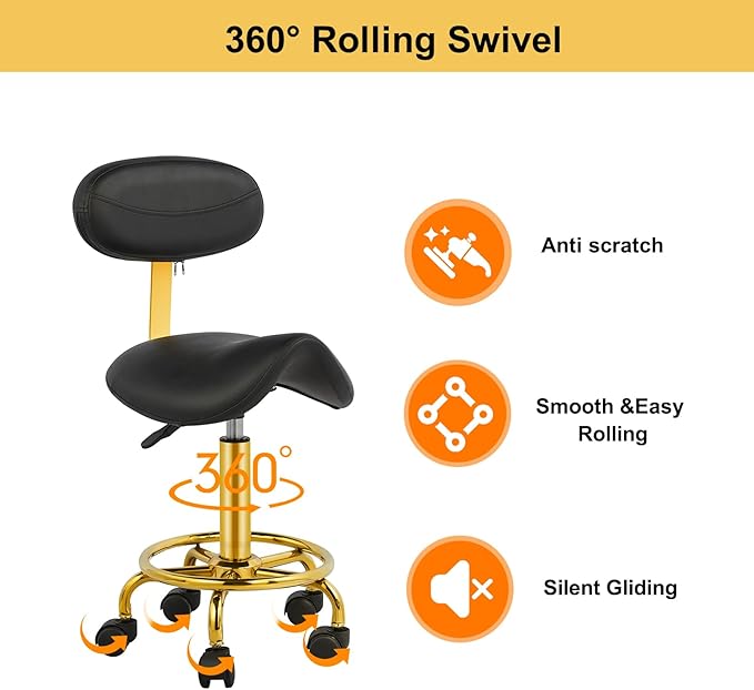 Saddle Rolling Chair Saddle Stool with Backrest Ergonomic Stool with Wheels Hydraulic Adjustable Soft Comfortable Cushion for Salon Tattoo Shop Spa Home Office Dentist Black