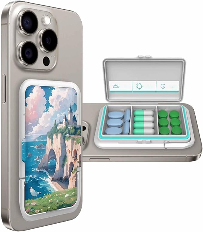 Pill Organizer Discreet for Phone - Portable Small Compact Pill Box with Bracket Cute Pill Organizer Easy Open Waterproof Pill Case for Travel Outdoor Camping(C)