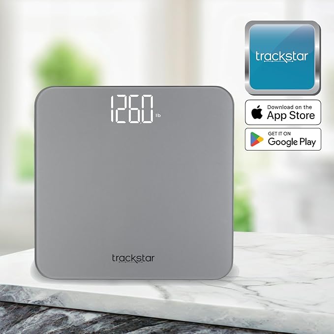 Trackstar Silver Digital Weight Scale | 440 lb Weight Capacity | Trackstar Monitoring App | Bluetooth iOS & Android Compatible | Measure, Track, and Share Results