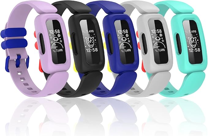 Silicone Bands Compatible with Fitbit Ace 3,Waterproof Soft Replacement Bands for Ace 3 Bands for Kids Boys Girls Bracelet Accessories Sports Band Compatible with Fitbit Ace 3 Activity Tracker(Black, Blue, Gray, Mint Green,Lilac)