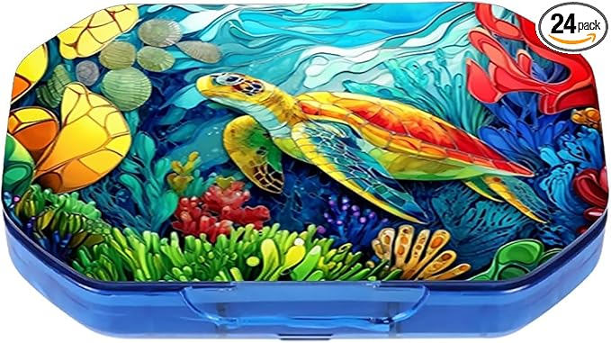 This Portable Colorful Coral Reef Sea Turtle Pattern 6 Compartment Pill Box Can Be Placed in A Pocket Or Wallet to Store Vitamins, Medicines Health Supplements Other Medications.