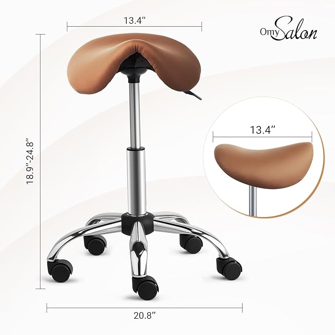 OmySalon Saddle Stool Rolling Chair, Ergonomic Saddle Chair with Swivel Wheels, Adjustable Hydraulic Stylist Cutting Stool for Salon Tattoo Massage Office Medical, Brown