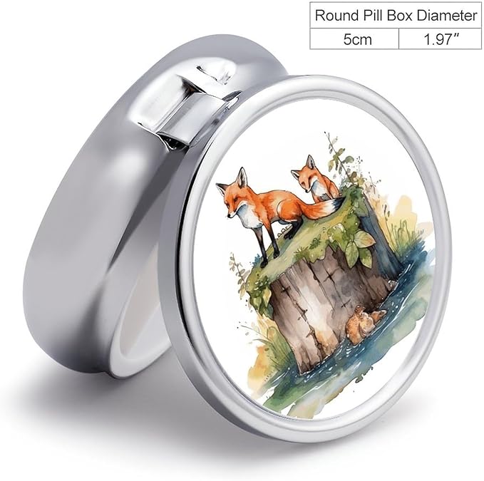 Hand Drawn Fox Pill Box Travel Pill Case for Purse Pocket Weekly Medicine Organizer with Mirror 3 Compartment Round Medicine Case Portable PillcaseHolder for Daily