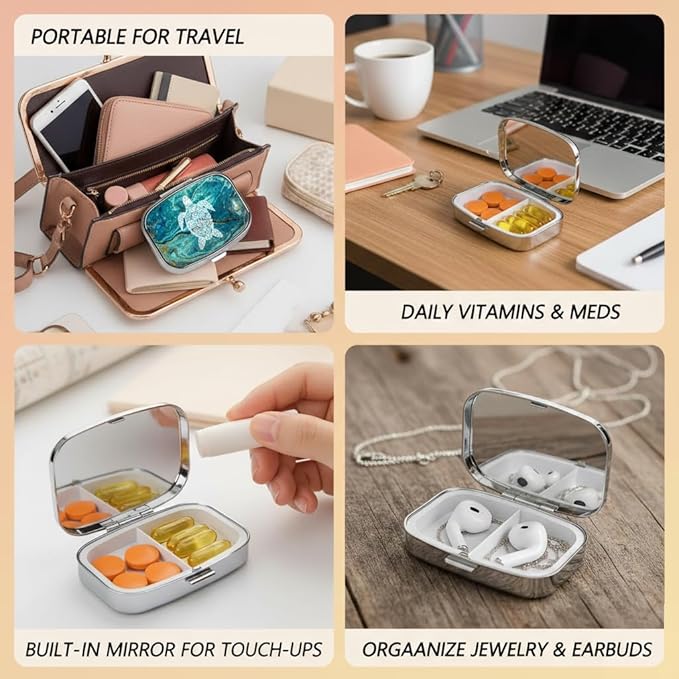 Sea Turtle Pill Box 2 Compartment Small Pill Case,Portable for Pocket or Purse Pill Organizer Pill Container Holder with Mirror to Hold Vitamins, Medication, Fish Oil and Supplements
