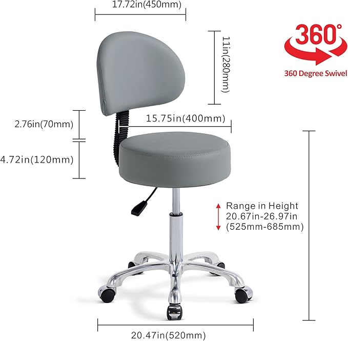 Swivel Rolling Stool Round Chair,Thick Sturdy Padding,Adjustable Stool with Wheels for Doctor,Medical,Massage Salon,Office,Shop(Black) (with Back, Gray)