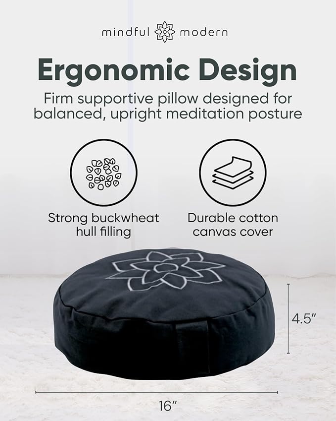Mindful & Modern Large Meditation Cushion for Zafu Yoga - Meditation Pillow for Sitting on the Floor - Buckwheat Hull Filled Yoga Cushion with Removable, Washable 100% Cotton Cover and Carry Handle