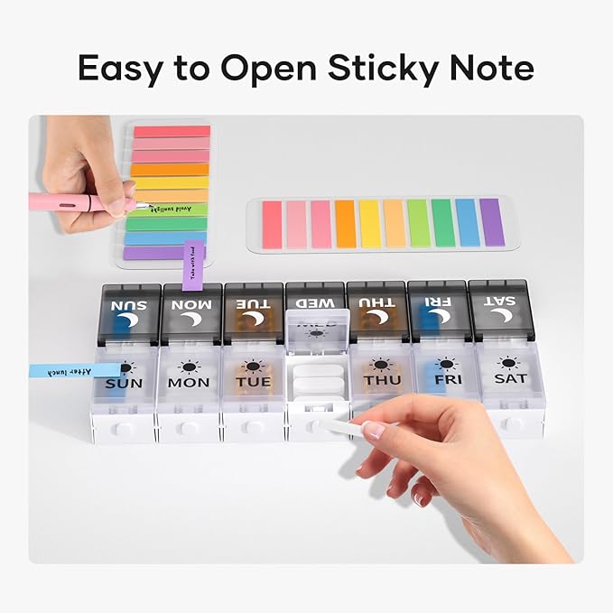 Push Button Weekly Pill Organizer 2 Times a Day, Medicine Pill Organizer with Label, Pill Box Case 7 Day AM PM, Pill Container for Vitamins, Fish Oil, Supplements Medication (Black & White)