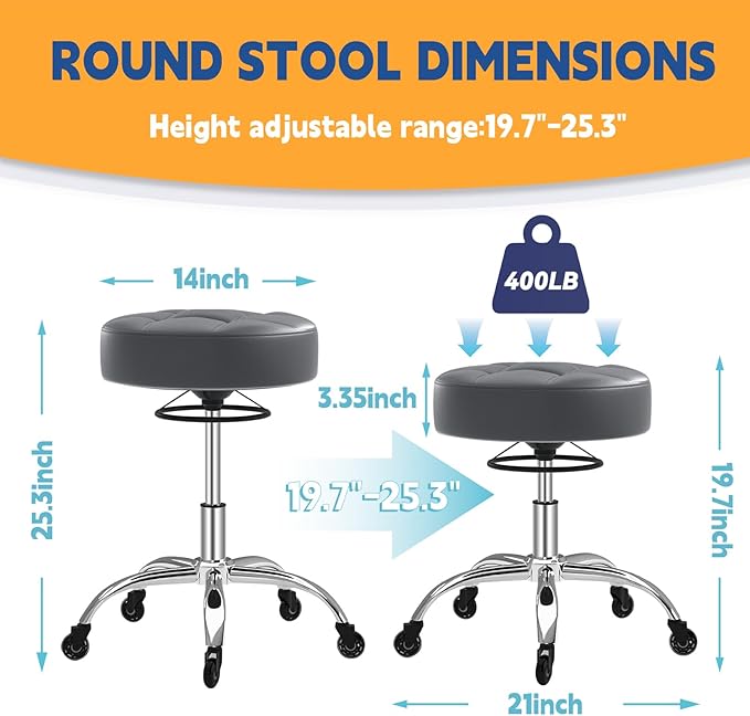 Rolling Stool Heavy Duty 400lb: Super Soft Seat Cushion,360° Swive,Height Adjustability,No Squeaky Noises,No Tip Over,New Upgraded stool Salon Stool Chair, Tattoo Facial Massage Spa Medical (Grey1)