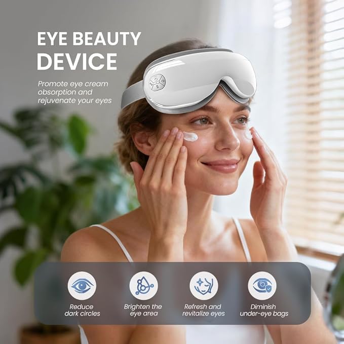 Heated Eye Massager, Eye Massager with Heat and Cooling Birthday White Elephant Gifts for Women Men Wife Him Her Eye Mask Massager for Eyes Strain Dry Eye Migraine Relief Improve Sleep White