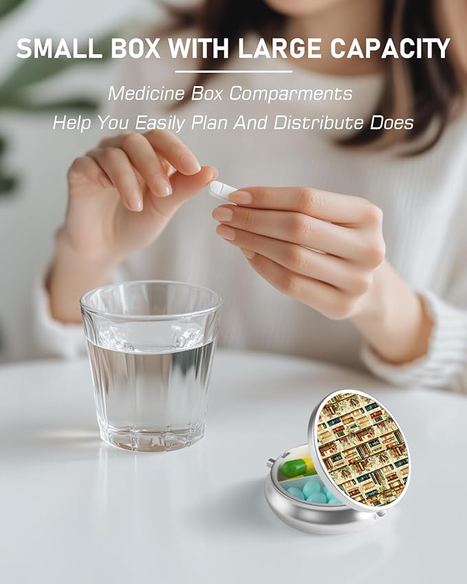 Pill Box, 3 Compartment Portable Travel Medicine Box with Mirror, Compact and Cute, Fits in Purse and Pocket, Medicine and Vitamin Organizer (Bookshelf)