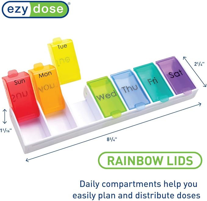 Ezy Dose Weekly (7-Day) Pill Case, Medicine Planner, Vitamin Organizer Box, Convenient and Easy to Use, Detachable Compartments, Travel Friendly, Rainbow Colors, BPA Free