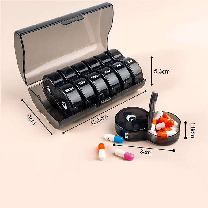 Weekly Pill Organizer 2 Time a Day，Pill Dispensers， Pill Box 7 Day with One-Side Large Opening Design for Easy Filling ，2 Times a Day AM/PM Pill Case, for Vitamins/Fish Oils (Black)