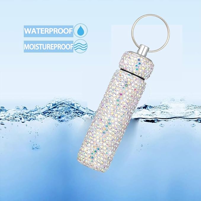 Bling Rhinestone Pill Case Portable Waterproof Pocket Pill Holder Bottle Storage with Keychain for Travel, Outdoor, Camping (ab colorful)