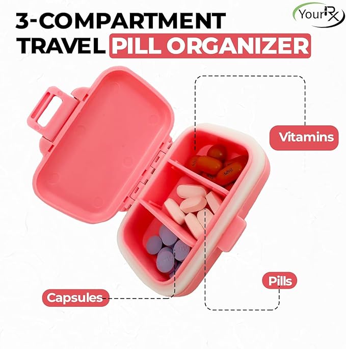 Travel Pill Organizer - Durable, Watertight Pill Case Travel Size with 3 Compartments - Compact Pill Travel Case for Vitamins, Supplements, Medicine - Travel Pill Container for Purse (Pink)