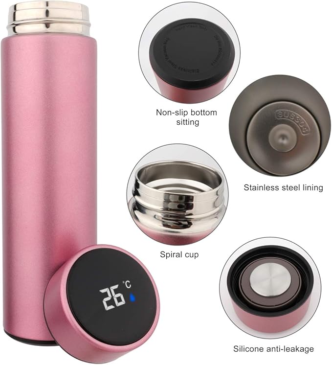 QiCheng&LYS Coffee Cup,Tea Infuser Bottle,Smart Sports Water Bottle with LED Temperature Display,17 OZ Vacuum-Insulated Stainless-Steel Water Bottle (Pink)