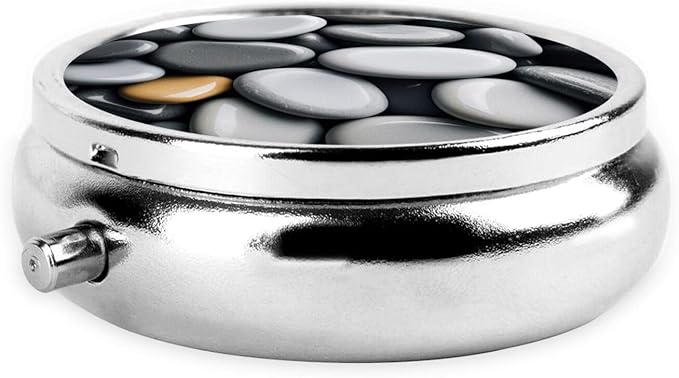 ZhongGuo Grey Zen Stones Picture Printed Pill Organizer,Round Travel Pill Organizer Mini Medicine Pill Box for Purse Iron Plating