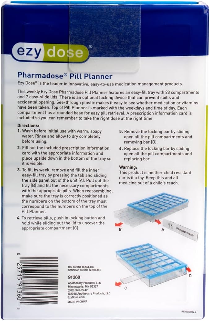 EZY DOSE Weekly AM/PM (7-Day) Daily Pharmadose Pill Planner, Medicine Case, Vitamin and Supplement Organizer, Medium Easy Fill Compartments, 4 Times a Day, 28 Compartments, Blue, BPA Free