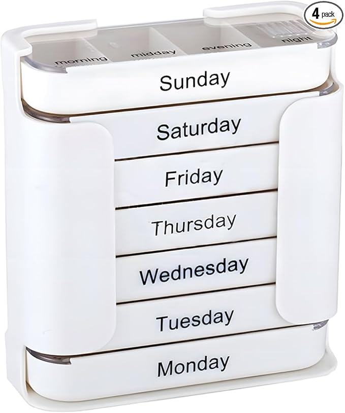 Stackable Daily Pill Organizer, Weekly Pill Organizer, 4 Times a Day Weekly Medication Reminder - Weekly AM/PM Pill Box with 7 Individual Stacking Cases (White)