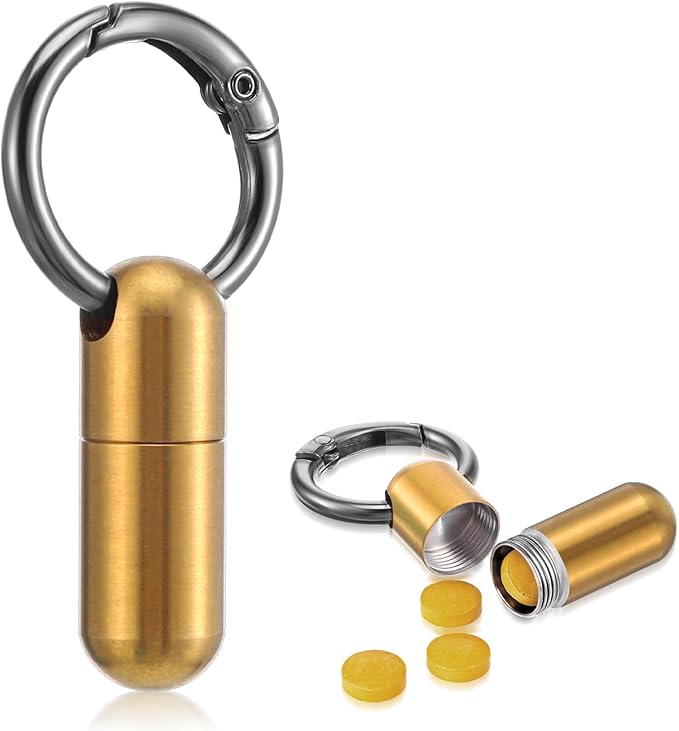 Small Pill Case Keychain Tiny Portable Carabiner Clip Pill Holder Bottle Micro Waterproof Metal Pill Container Mini Emergency Medicine Organizer for Outdoor Camping Travel Purse (Gold)