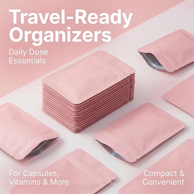 114PCS Travel Pill Organizer - RAINFLOW Bpa Free Pill Bags for Travel, Pack of 50 Clear Label Writing Baggies 50 Mylar Bags 7 Colors Small Ziplock Bag 7 Pill Box AM PM Supplements Baggies