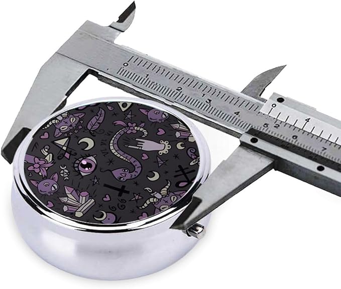 Purple Black Goth Spooky Printed Round Travel Pill Box Cute Small Metal Pocket Pill Case for Men & Women 3 Compartment Portable Pill Organizer for Purse or Pocket