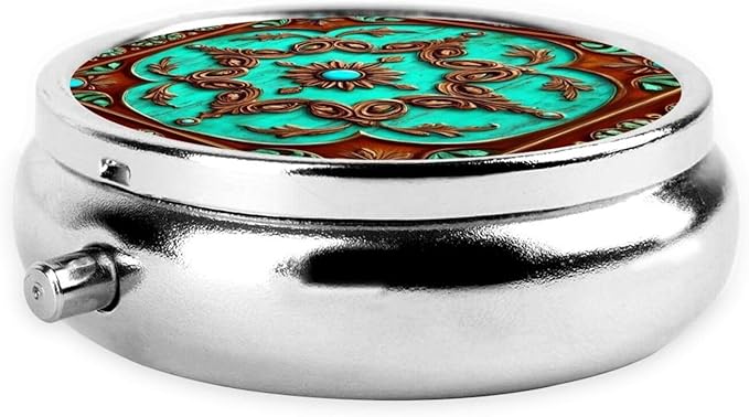 Small Pocket Pill Case, Daily Single Pill Box Organizer Portable for Purse Travel, One Day Mini Pill Container for Pills Vitamin Fish Oil Supplements (Rustic Brown Teal Western Country Tooled Leather)