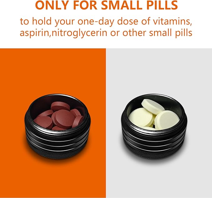 Small Pill Box, Portable Daily Box, Aluminium Alloy Round Container for Pills, Pocket Case (Black)