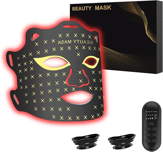 Red Light Therapy for Face, Portable Led Face Mask Light Therapy with Rechargeable Remote, 7 Color Mode Red Light Therapy with 850nm NIR, Home Use Skin Care Device (Black)