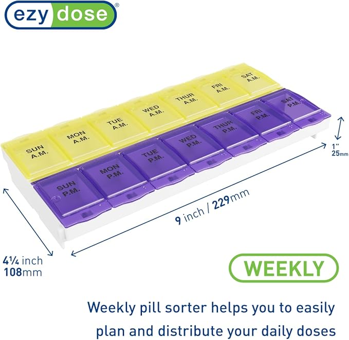 EZY DOSE Pill Organizer Weekly AM/PM (7-Day), Medicine Planner, Vitamin Case/Box, 2X-Large Locking Compartments to Secure Prescription and Prevent Accidental Spilling, Purple and Yellow, BPA Free