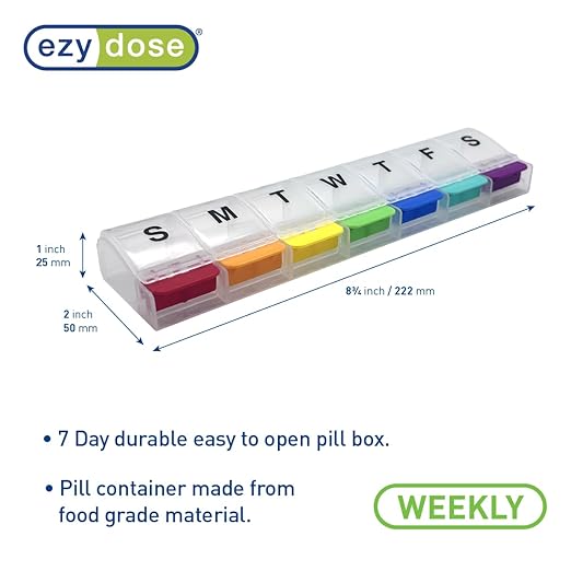 EZY DOSE Weekly (7-Day) Pill Case, Medicine Planner, Daily Vitamin Organizer Box, X-Large Push-Button Compartments, Convenient and Easy to Use, Arthritis Friendly, Clear Lids, Rainbow, BPA Free